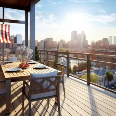 Amerikanische Terrasse mit einem weiten Blick auf eine Stadtlandschaft. Die Terrasse ist mit einem langen Holztisch und Stühlen ausgestattet, gedeckt mit Tellern. Eine amerikanische Flagge hängt dekorativ an der Terrassenseite. Der Blick zeigt eine urbane Szene mit Wolkenkratzern und Wohngebäuden unter einem sonnigen Himmel.
