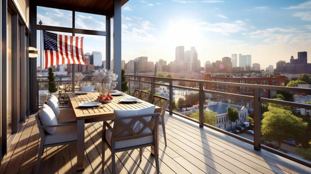 Amerikanische Terrasse mit einem weiten Blick auf eine Stadtlandschaft. Die Terrasse ist mit einem langen Holztisch und Stühlen ausgestattet, gedeckt mit Tellern. Eine amerikanische Flagge hängt dekorativ an der Terrassenseite. Der Blick zeigt eine urbane Szene mit Wolkenkratzern und Wohngebäuden unter einem sonnigen Himmel.