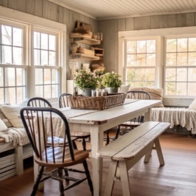 Ein gemütlicher Raum im American Cottage Style mit hell gestrichenen Holzwänden und großen Fenstern, die viel Tageslicht hereinlassen. Ein weiß gestrichener Holztisch in der Mitte des Raumes ist mit Holzbänken und Stühlen umgeben, geschmückt mit Kissen und einem Korb mit Pflanzen. An den Wänden befinden sich Regale und Dekorationsgegenstände, die zum rustikalen Charme des Stils beitragen.