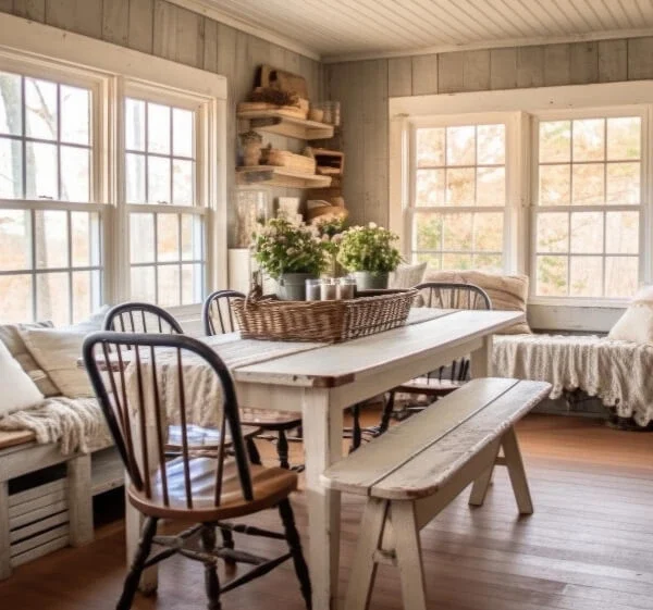 Ein gemütlicher Raum im American Cottage Style mit hell gestrichenen Holzwänden und großen Fenstern, die viel Tageslicht hereinlassen. Ein weiß gestrichener Holztisch in der Mitte des Raumes ist mit Holzbänken und Stühlen umgeben, geschmückt mit Kissen und einem Korb mit Pflanzen. An den Wänden befinden sich Regale und Dekorationsgegenstände, die zum rustikalen Charme des Stils beitragen.