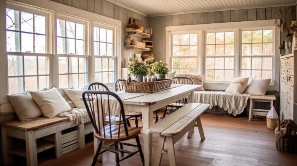 Ein gemütlicher Raum im American Cottage Style mit hell gestrichenen Holzwänden und großen Fenstern, die viel Tageslicht hereinlassen. Ein weiß gestrichener Holztisch in der Mitte des Raumes ist mit Holzbänken und Stühlen umgeben, geschmückt mit Kissen und einem Korb mit Pflanzen. An den Wänden befinden sich Regale und Dekorationsgegenstände, die zum rustikalen Charme des Stils beitragen.