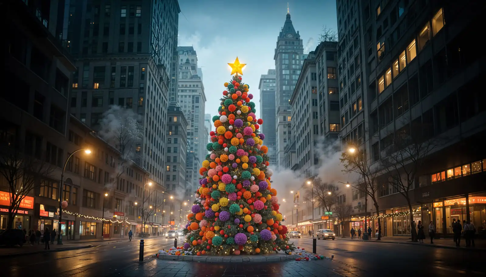 Eine festlich geschmückte Straße in einer amerikanischen Großstadt, im Stil amerikanischer Weihnachtsdeko gehalten. Im Mittelpunkt steht ein hoher, üppiger Weihnachtsbaum, der mit bunten Kugeln und einer gelben Spitze geschmückt ist. Die Straße ist von hohen Gebäuden umgeben, die eine urbane Weihnachtsatmosphäre schaffen.
