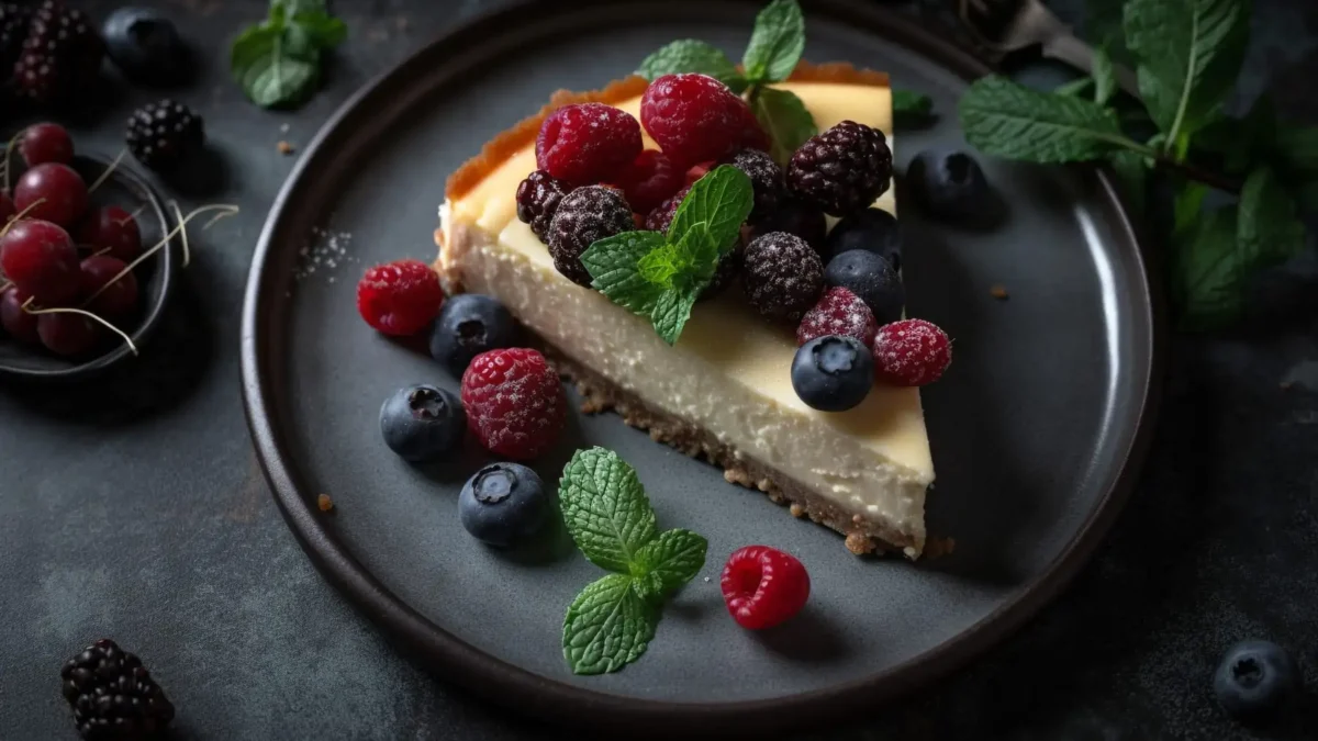 Ein großes Stück cremiger Käsekuchen auf einem dunkelblauen Teller. Dekoriert mit frischen Himbeeren, Blaubeeren und Minzblättern - bereit zum Verzehr.