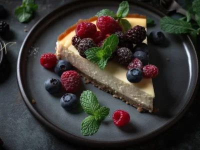 Ein großes Stück cremiger Käsekuchen auf einem dunkelblauen Teller. Dekoriert mit frischen Himbeeren, Blaubeeren und Minzblättern - bereit zum Verzehr.