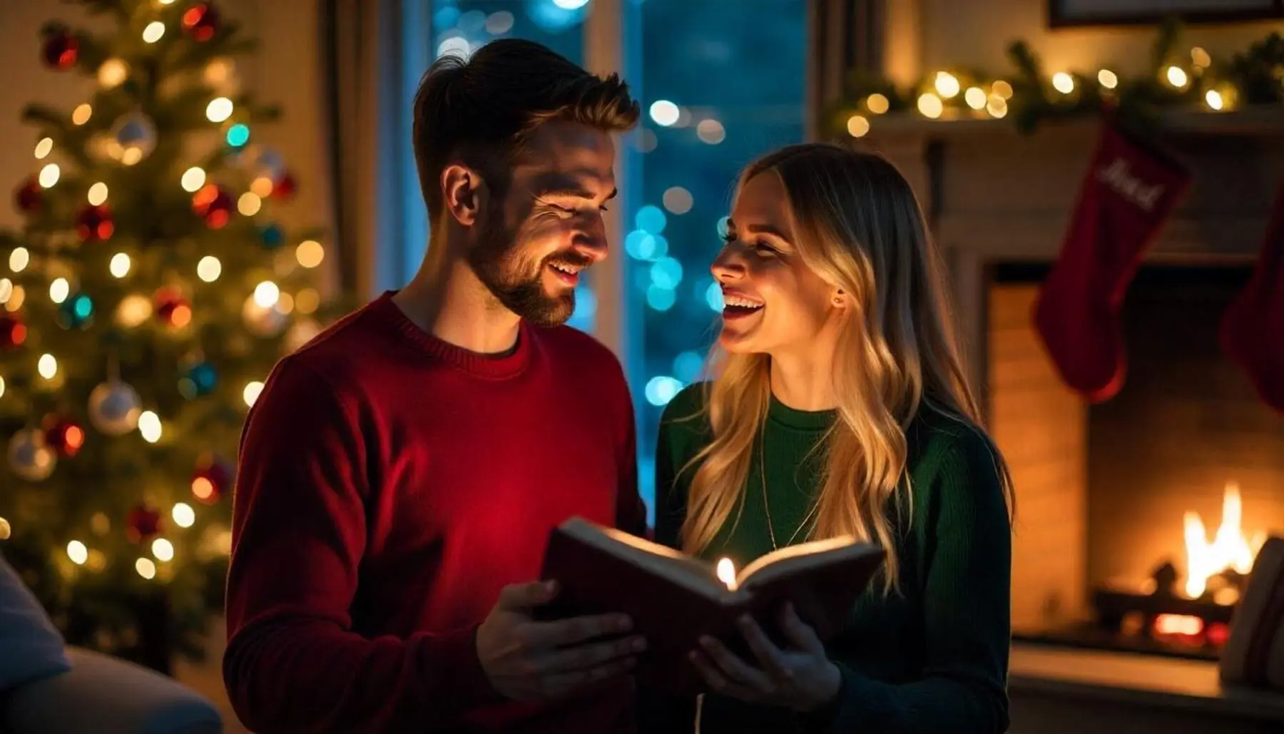 Pärchen singt vor dem Weihnachtsbaum amerikanische Weihnachtslieder.