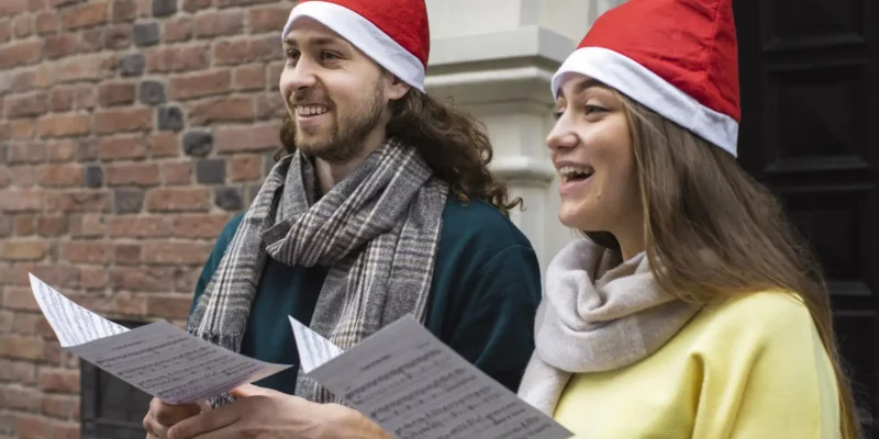 Zwei Personen mit Weihnachtsmützen singen amerikanische Weihnachtslieder.