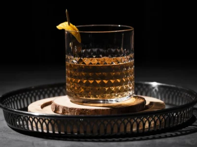 Old Fashioned auf einer Glasplatte serviert.