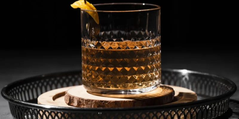 Old Fashioned auf einer Glasplatte serviert.