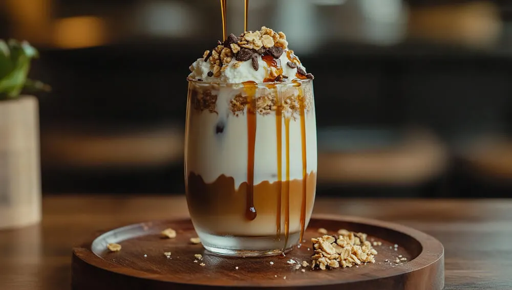 Ein Frappuccino mit Schlagsahne, Schokoladenstückchen und Karamellsoße in einem hohen Glas, platziert auf einem runden Holztablett mit Erdnussstückchen. Im Hintergrund ist ein unscharfes Café-Interieur erkennbar.