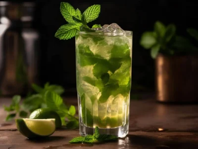 Ein erfrischender Mint Julep-Cocktail mit frischer Minze und Limette, serviert in einem hohen Glas mit Eiswürfeln. Im Hintergrund sorgen dezente Bar-Elemente und grüne Minzblätter für eine stimmungsvolle Atmosphäre.