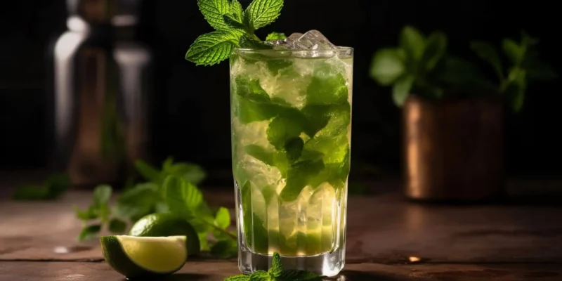Ein erfrischender Mint Julep-Cocktail mit frischer Minze und Limette, serviert in einem hohen Glas mit Eiswürfeln. Im Hintergrund sorgen dezente Bar-Elemente und grüne Minzblätter für eine stimmungsvolle Atmosphäre.