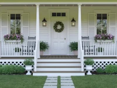 Ein charmanter amerikanischer Vorgarten mit einem weißen Haus und einer einladenden Veranda. Die Veranda ist mit einem weißen Geländer, Blumenkästen und Schaukelstühlen ausgestattet. Ein gepflegter grüner Rasen und niedrige Büsche vervollständigen das Bild.