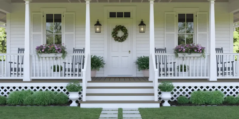 Ein charmanter amerikanischer Vorgarten mit einem weißen Haus und einer einladenden Veranda. Die Veranda ist mit einem weißen Geländer, Blumenkästen und Schaukelstühlen ausgestattet. Ein gepflegter grüner Rasen und niedrige Büsche vervollständigen das Bild.