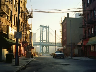 Eine ruhige Straße in Brooklyn bei Sonnenaufgang, gesäumt von alten Backsteingebäuden mit Feuerleitern. Im Hintergrund ragt die majestätische Manhattan Bridge empor, während ein klassisches Auto auf der Straße parkt. Die warme Morgensonne taucht die Szene in ein sanftes Licht und verleiht der urbanen Umgebung eine nostalgische Atmosphäre.