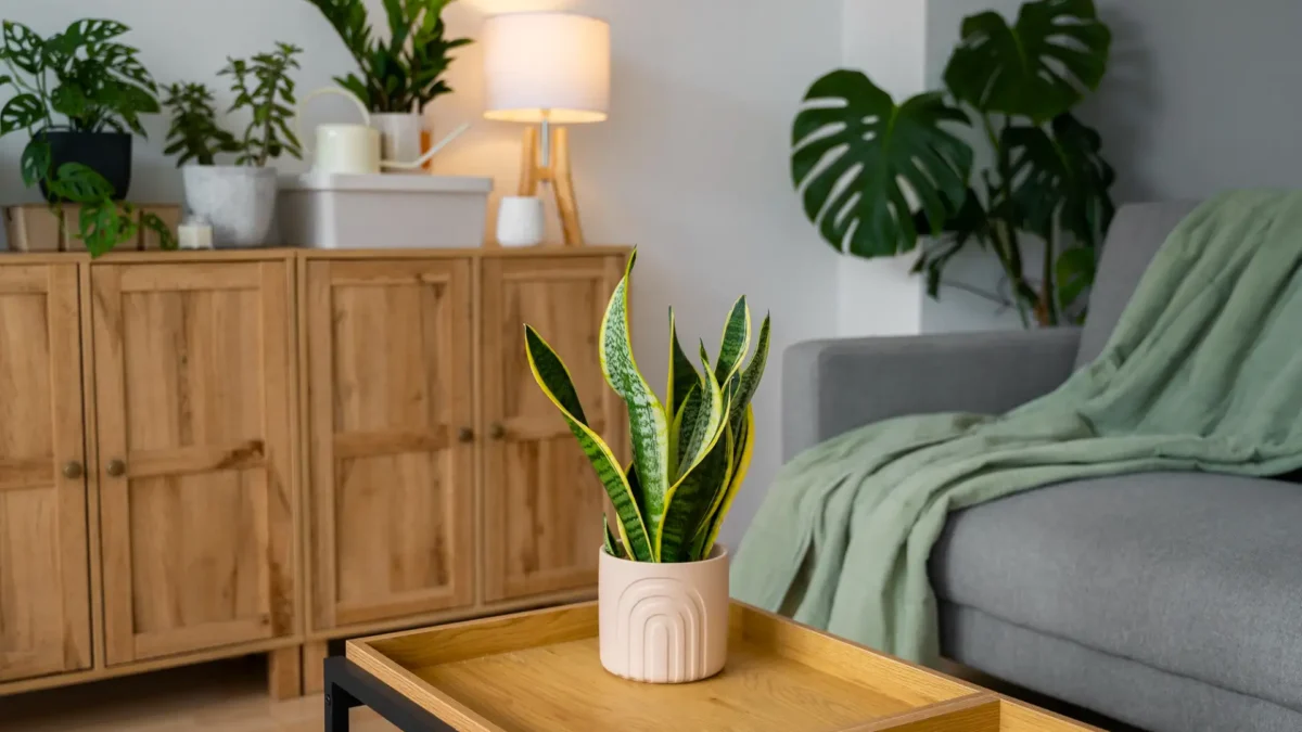 Helles Wohnzimmer mit einer Holzanrichte, einem Sofa und verschiedenen Zimmerpflanzen wie Monstera und Ficus, die eine grüne Atmosphäre schaffen.
