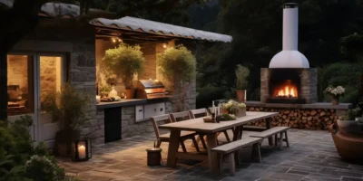 Outdoor Küche mit gemütlicher Beleuchtung und Kamin. Ein hölzerner Esstisch mit Sitzbänken steht auf einer Terrasse und im Hintergrund ist eine Outdoor Küche in Steinoptik mit Grill zu erkennen. Ein Outdoor Kamin sorgt für ein romantisches Ambiente.