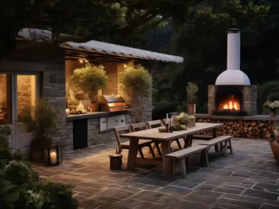 Outdoor Küche mit gemütlicher Beleuchtung und Kamin. Ein hölzerner Esstisch mit Sitzbänken steht auf einer Terrasse und im Hintergrund ist eine Outdoor Küche in Steinoptik mit Grill zu erkennen. Ein Outdoor Kamin sorgt für ein romantisches Ambiente.