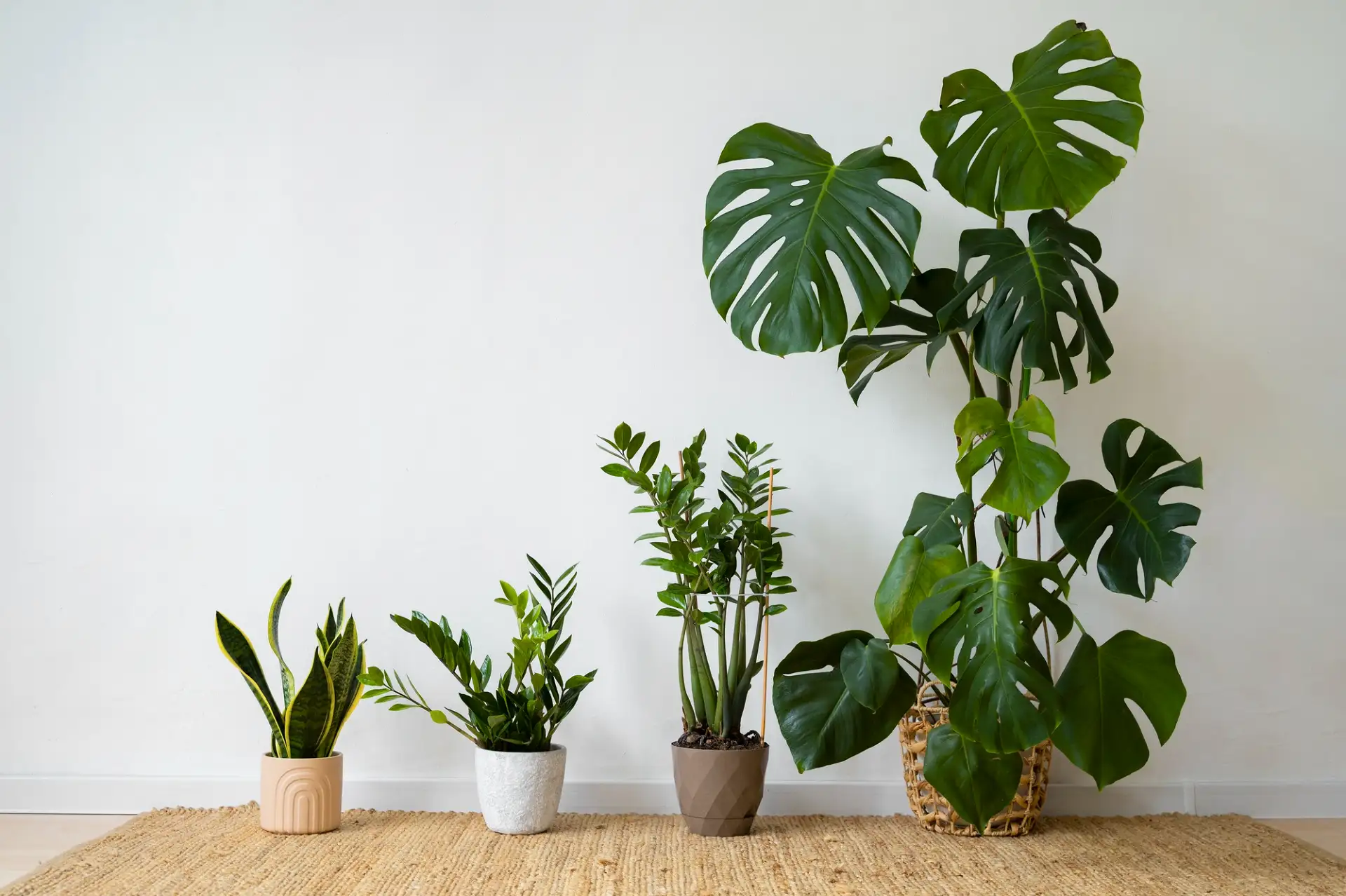 Vier verschiedene Zimmerpflanzen (Bogenhanf, 2x Glücksfeder, Monstera) aufgereiht nach Größe auf einem Juteteppich vor einer weißen Wand, die Monstera ganz rechts ist die größte.