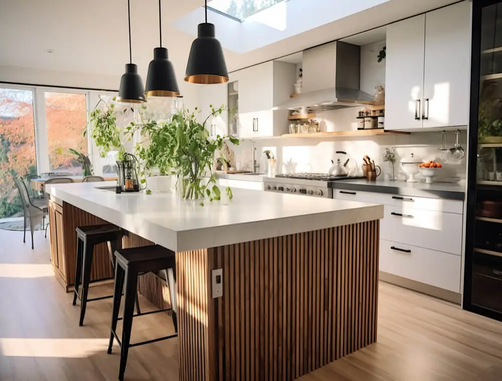 Eine geräumige, moderne offene Küche mit einer großen Mittelinsel, die als zentraler Punkt dient. Die Küche verfügt über eine Mischung aus weißen und holzverkleideten Schränken und Hängelampen. Die offene Gestaltung ermöglicht einen nahtlosen Übergang zu einem hellen Essbereich mit Fenstern, die auf eine Außenterrasse führen.