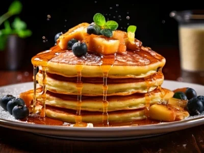 Vegane Pancakes mit Ahornsirup, Apfelstücken und Blaubeeren – süßes Frühstück ganz ohne tierische Produkte