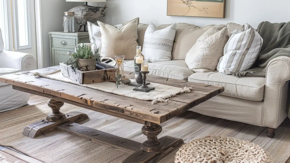 Wohnzimmer im Country Style mit rustikalem Holztisch, dekoriert mit Kerzen, Pflanzen und einem Tablett, dahinter ein beiger Sofa mit vielen Kissen.