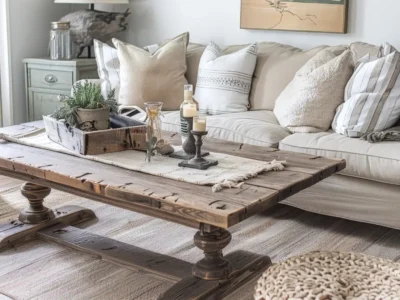 Wohnzimmer im Country Style mit rustikalem Holztisch, dekoriert mit Kerzen, Pflanzen und einem Tablett, dahinter ein beiger Sofa mit vielen Kissen.