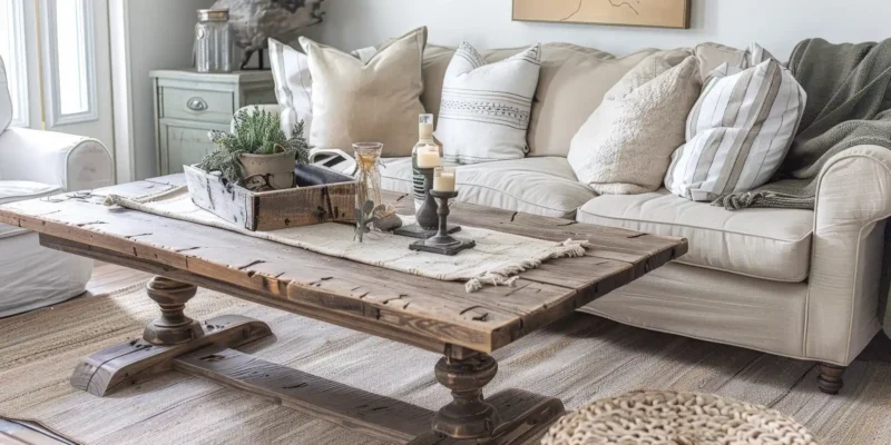 Wohnzimmer im Country Style mit rustikalem Holztisch, dekoriert mit Kerzen, Pflanzen und einem Tablett, dahinter ein beiger Sofa mit vielen Kissen.