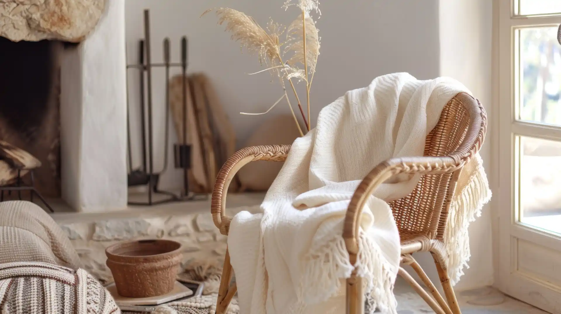 Gemütliche Ecke im Country Style mit einem geflochtenen Rattanstuhl, cremefarbener Decke und Kamin im Hintergrund.