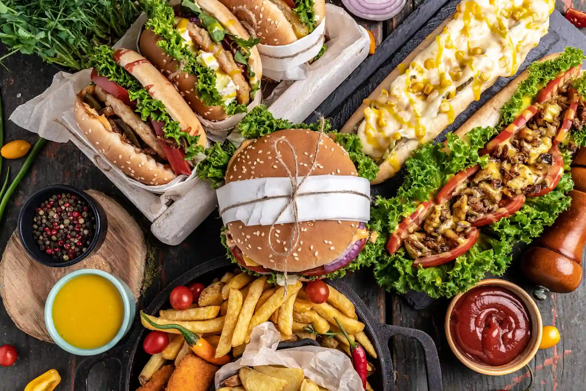 Ein reichhaltiges Flat-Lay präsentiert eine vielfältige Auswahl an Fast Food auf einem dunklen Holztisch. Im Zentrum liegt ein großer Burger, umgeben von verschiedenen Sandwiches, Pommes Frites, Nuggets, Soßen und frischen Zutaten wie Salat und Tomaten. Die appetitliche Anordnung und die bunten Komponenten laden zum Genießen ein.