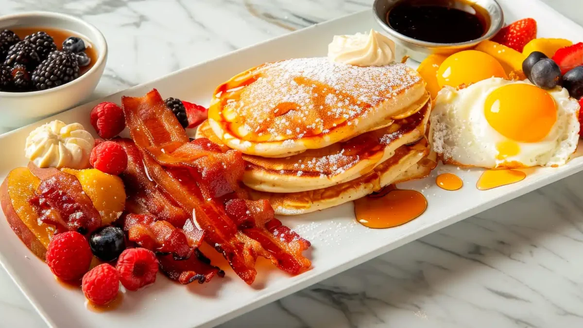 Reichhaltiges Frühstück auf rechteckigem weißen Teller mit Pancakes und Ahornsirup, Spiegeleiern, knusprigem Bacon, frischen Beeren, Pfirsichscheiben und Sahnetupfen, serviert auf Marmorplatte – daneben eine kleine Schale mit Brombeeren in Sirup.