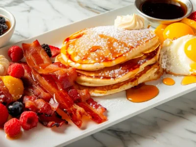 Reichhaltiges Frühstück auf rechteckigem weißen Teller mit Pancakes und Ahornsirup, Spiegeleiern, knusprigem Bacon, frischen Beeren, Pfirsichscheiben und Sahnetupfen, serviert auf Marmorplatte – daneben eine kleine Schale mit Brombeeren in Sirup.