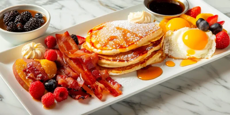 Reichhaltiges Frühstück auf rechteckigem weißen Teller mit Pancakes und Ahornsirup, Spiegeleiern, knusprigem Bacon, frischen Beeren, Pfirsichscheiben und Sahnetupfen, serviert auf Marmorplatte – daneben eine kleine Schale mit Brombeeren in Sirup.