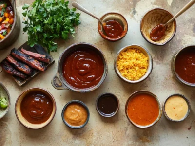 Verschiedene BBQ-Saucen in kleinen Schalen, umgeben von gegrilltem Fleisch, frischem Gemüse, Kräutern und Beilagen – angerichtet auf einem rustikalen Tisch, ideal für ein Sommergrillfest