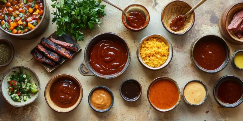 Verschiedene BBQ-Saucen in kleinen Schalen, umgeben von gegrilltem Fleisch, frischem Gemüse, Kräutern und Beilagen – angerichtet auf einem rustikalen Tisch, ideal für ein Sommergrillfest