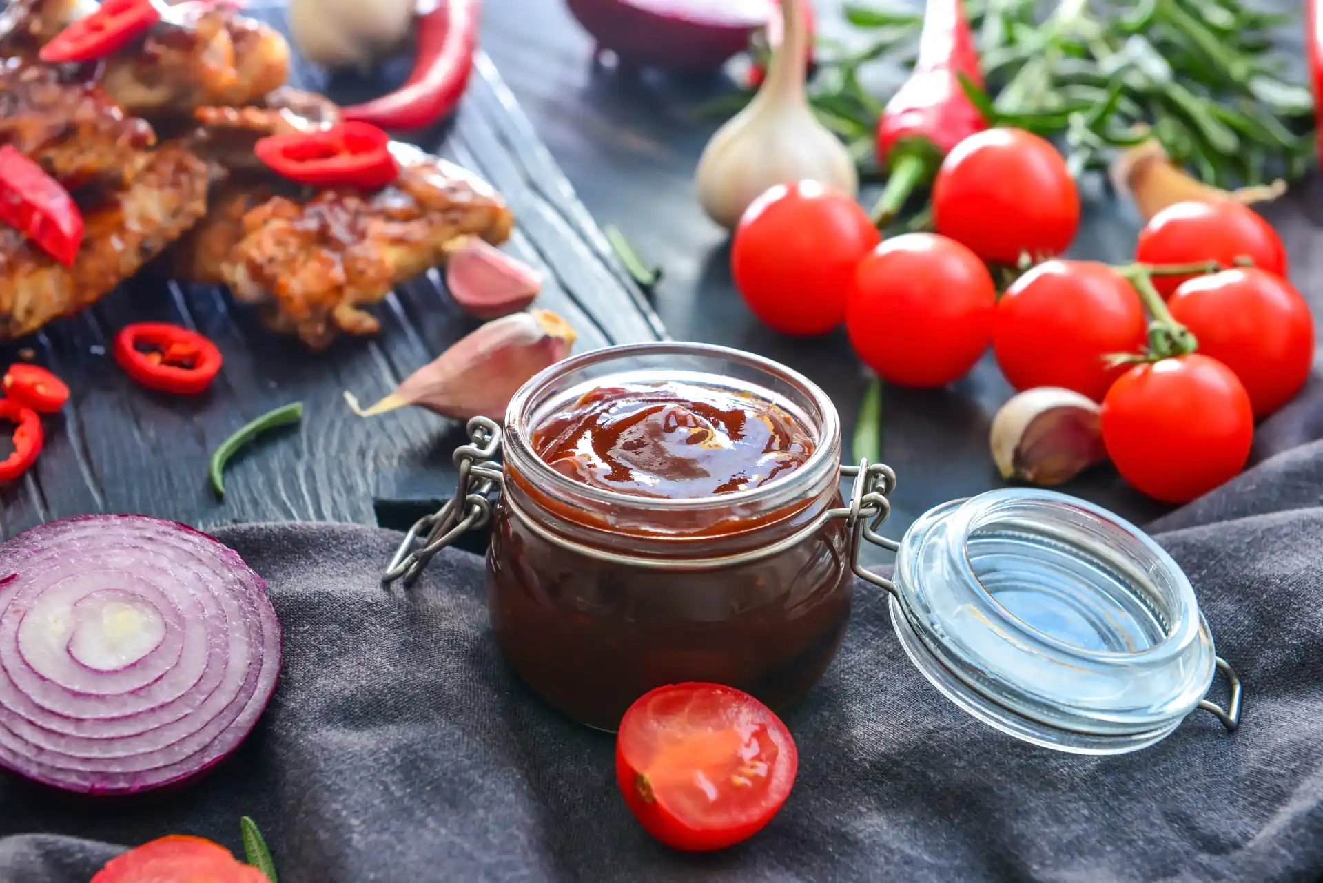 Glas mit Barbecue-Sauce auf einem dunklen Holztisch, umgeben von frischen Zutaten wie Tomaten, Knoblauch, Chili, Zwiebeln und gegrilltem Fleisch im Hintergrund.