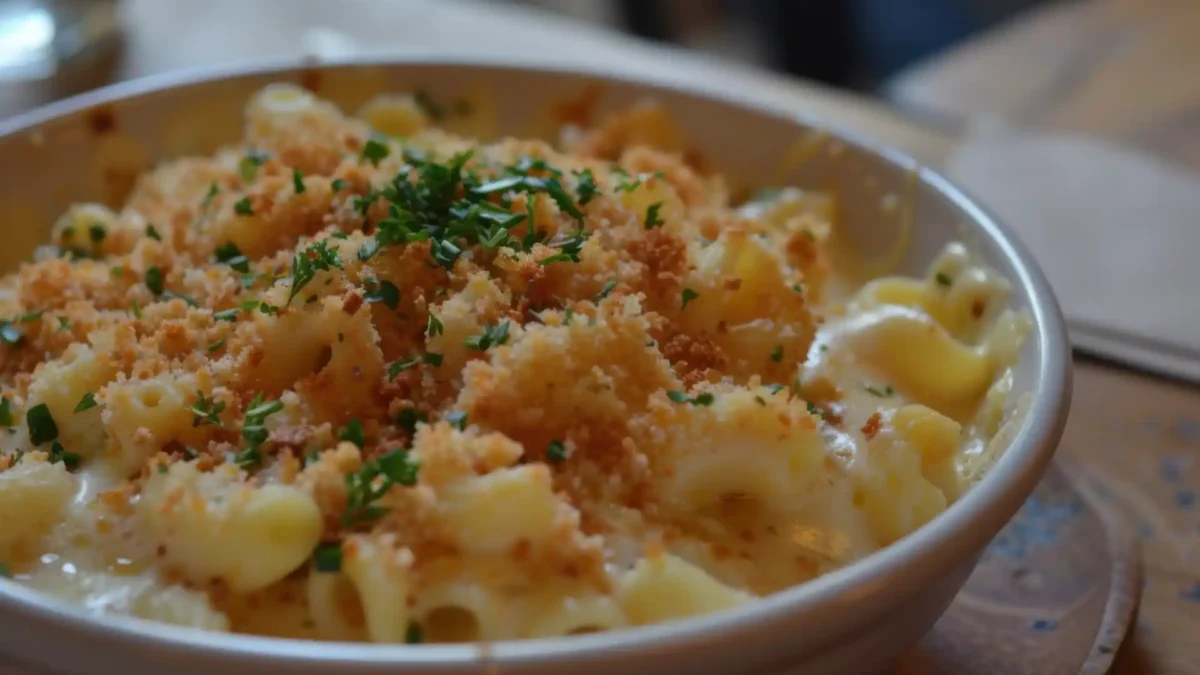 Schüssel mit cremigem Mac and Cheese, bestreut mit goldenen Semmelbröseln und frischer Petersilie, serviert auf einem hölzernen Untersetzer.