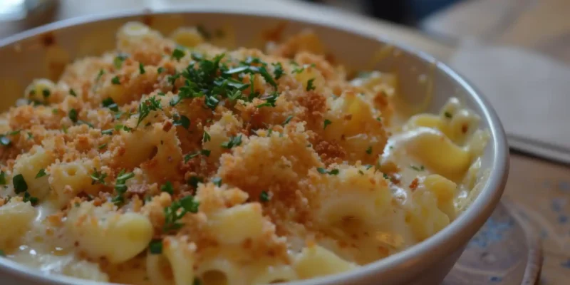 Schüssel mit cremigem Mac and Cheese, bestreut mit goldenen Semmelbröseln und frischer Petersilie, serviert auf einem hölzernen Untersetzer.
