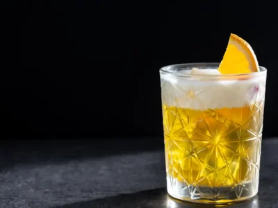 Klassischer Whiskey Sour im Tumbler mit Orangenscheibe und Schaumkrone