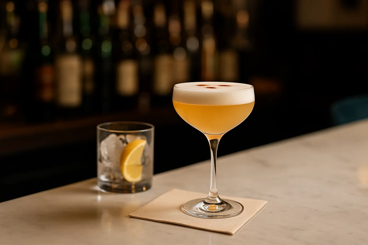 Ein goldgelber Boston Sour steht in einem eleganten Coupe-Glas auf einer weißen Marmortheke. Die weiße Schaumkrone ist mit drei Tropfen Angostura Bitters verziert, daneben steht ein Glas mit Eiswürfeln und Zitronenscheibe. Im Hintergrund sind unscharf Flaschen einer Bar zu erkennen, die eine warme Atmosphäre erzeugen. Das Bild vermittelt Eleganz und den perfekten Moment für einen stilvollen Aperitif.