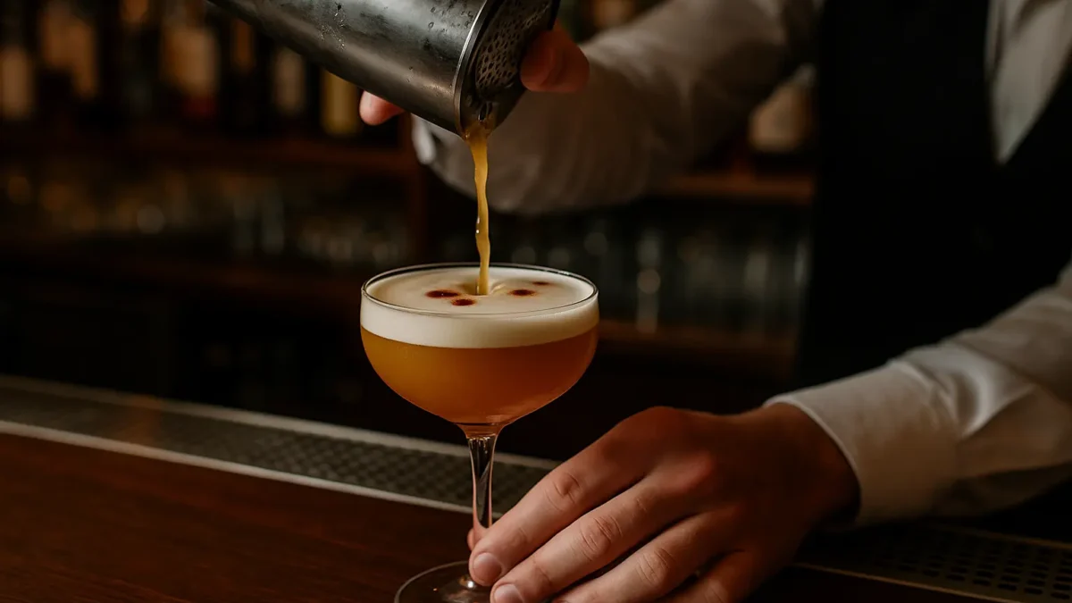 Ein Barkeeper gießt einen frisch geschüttelten Boston Sour in ein Cocktailglas. Auf der goldgelben Flüssigkeit liegt eine dichte Schaumkrone, die mit ein paar Tropfen Angostura Bitters garniert ist. Im Hintergrund erkennt man unscharf Flaschen in einer stilvollen Bar. Die Szene vermittelt Eleganz, Präzision und die besondere Textur dieses Klassikers.