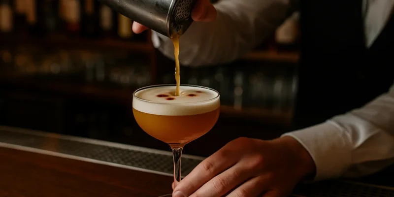 Ein Barkeeper gießt einen frisch geschüttelten Boston Sour in ein Cocktailglas. Auf der goldgelben Flüssigkeit liegt eine dichte Schaumkrone, die mit ein paar Tropfen Angostura Bitters garniert ist. Im Hintergrund erkennt man unscharf Flaschen in einer stilvollen Bar. Die Szene vermittelt Eleganz, Präzision und die besondere Textur dieses Klassikers.