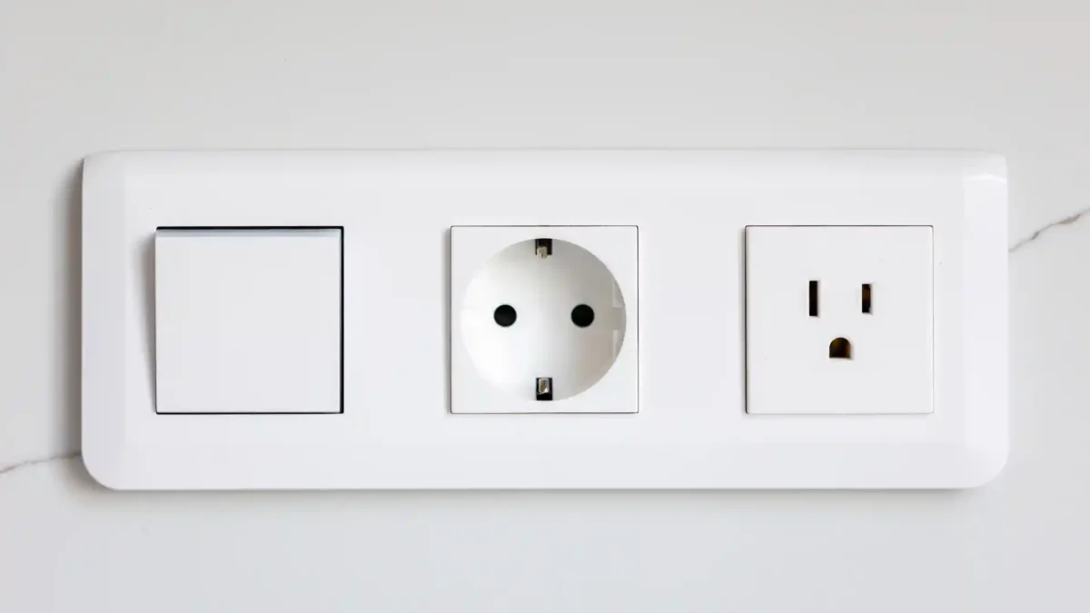 Moderne Wandinstallation mit amerikanischer Steckdose neben deutscher Steckdose im direkten Vergleich