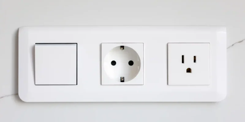 Moderne Wandinstallation mit amerikanischer Steckdose neben deutscher Steckdose im direkten Vergleich