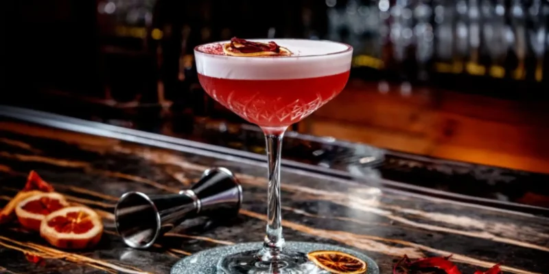 Ein tiefroter Cocktail mit einer dicken, weißen Schaumkrone, garniert mit einer getrockneten Orangenscheibe und roten Blütenblättern, steht in einem Coupé-Glas auf einer eleganten, marmorierten Theke. Das Glas wird von einem glitzernden Untersetzer getragen. Links daneben liegen angeschnittene, rote Orangen und ein metallener Messbecher. Im Hintergrund verschwimmen weitere Gläser und Flaschen einer Bar. Obwohl das Getränk nicht dem klassischen Manhattan-Rezept entspricht, repräsentiert es einen eleganten und ansprechenden Bar-Klassiker wie den Manhattan Cocktail.