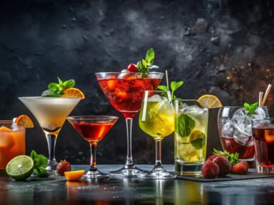 Ein dramatisches Stillleben zeigt eine Reihe von sieben verschiedenen, farbenfrohen amerikanische Cocktails auf einer dunklen, strukturierten Oberfläche vor einem ebenso dunklen Hintergrund. Die Drinks variieren in Form und Farbe, von einem bernsteinfarbenen Drink mit Eis in einem Tumbler über einen cremigen Martini-artigen Cocktail bis hin zu einem leuchtend roten Drink in einem Coupé-Glas und einem klaren, minzgrünen Highball. Die Cocktails sind mit frischer Minze, Zitronen- und Orangenscheiben, sowie Erdbeeren garniert, was die Vielfalt und den Fokus auf Frische in der Bar-Kultur unterstreicht.