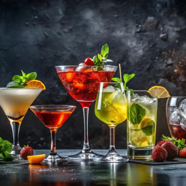 Ein dramatisches Stillleben zeigt eine Reihe von sieben verschiedenen, farbenfrohen amerikanische Cocktails auf einer dunklen, strukturierten Oberfläche vor einem ebenso dunklen Hintergrund. Die Drinks variieren in Form und Farbe, von einem bernsteinfarbenen Drink mit Eis in einem Tumbler über einen cremigen Martini-artigen Cocktail bis hin zu einem leuchtend roten Drink in einem Coupé-Glas und einem klaren, minzgrünen Highball. Die Cocktails sind mit frischer Minze, Zitronen- und Orangenscheiben, sowie Erdbeeren garniert, was die Vielfalt und den Fokus auf Frische in der Bar-Kultur unterstreicht.