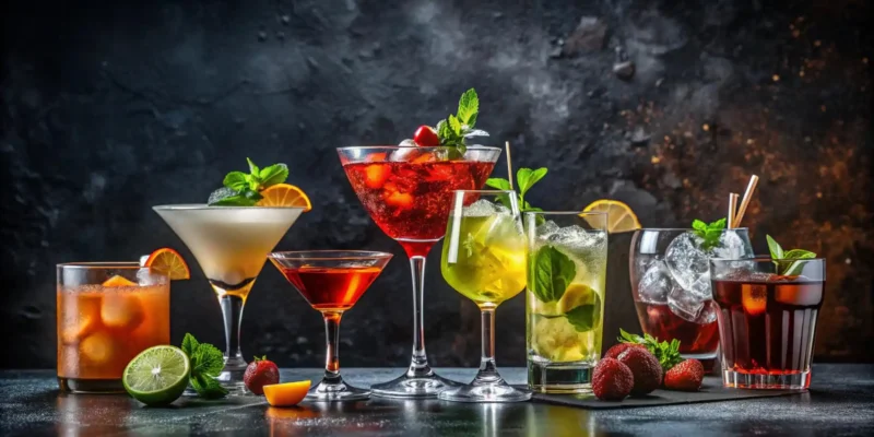 Ein dramatisches Stillleben zeigt eine Reihe von sieben verschiedenen, farbenfrohen amerikanische Cocktails auf einer dunklen, strukturierten Oberfläche vor einem ebenso dunklen Hintergrund. Die Drinks variieren in Form und Farbe, von einem bernsteinfarbenen Drink mit Eis in einem Tumbler über einen cremigen Martini-artigen Cocktail bis hin zu einem leuchtend roten Drink in einem Coupé-Glas und einem klaren, minzgrünen Highball. Die Cocktails sind mit frischer Minze, Zitronen- und Orangenscheiben, sowie Erdbeeren garniert, was die Vielfalt und den Fokus auf Frische in der Bar-Kultur unterstreicht.