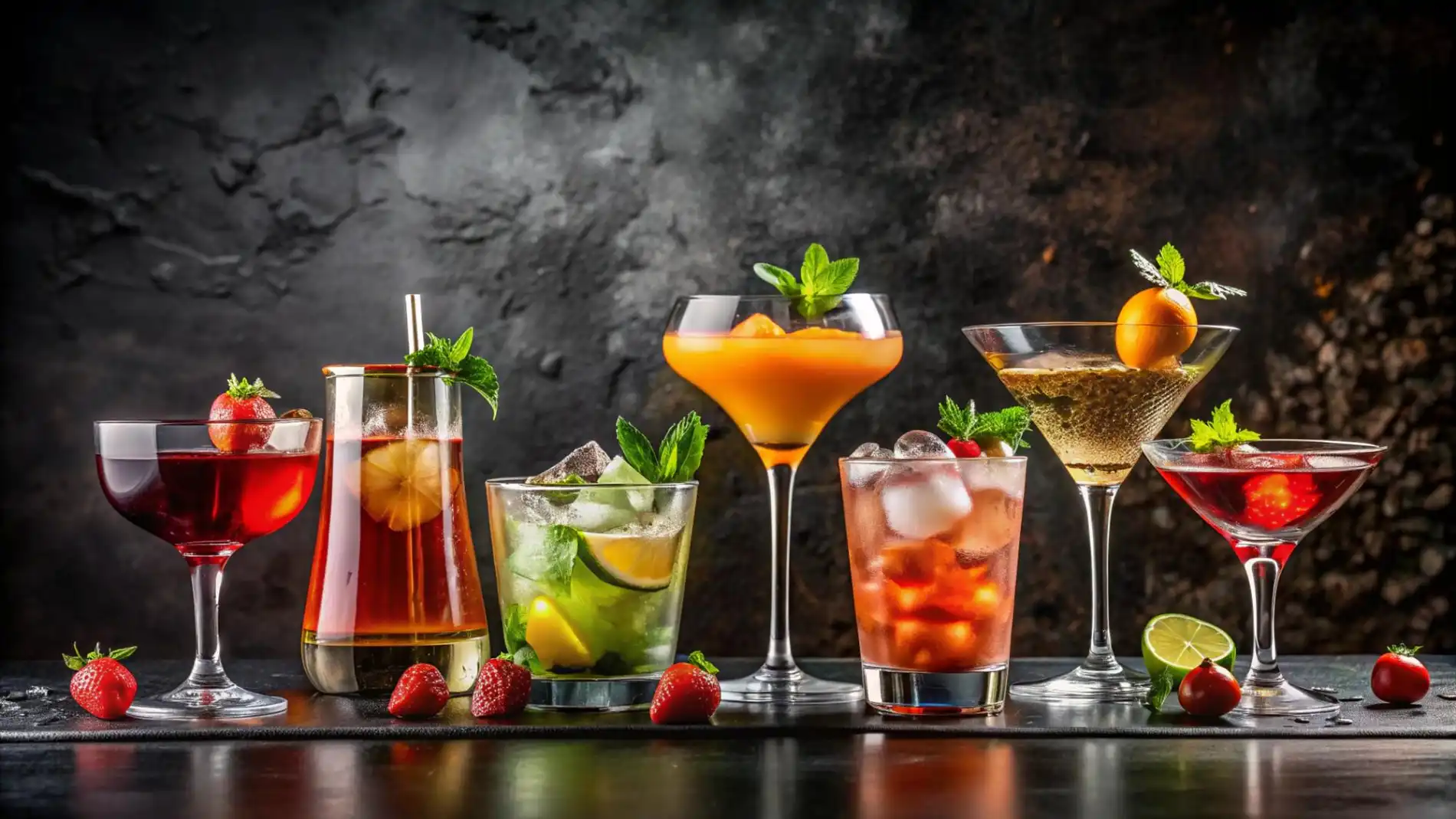 Eine Reihe von sechs farbenfrohen amerikanische Cocktails in verschiedenen Glasformen steht auf einer dunklen, glänzenden Bar-Oberfläche vor einem strukturierten, dunkelgrauen Hintergrund. Die Drinks variieren von tiefrot und klar bis leuchtend orange und hellgrün. Sie sind opulent mit frischen Erdbeeren, Minzblättern, Limettenspalten und Zitrusfrüchten garniert und repräsentieren die visuelle Vielfalt und den Fokus auf frische Zutaten in der modernen amerikanischen Barkultur.