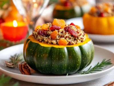 Ein festliches Close-up zeigt eine Portion vegetarisches Gericht, serviert in einem ausgehöhlten, dunkelgrünen Kürbis. Die Füllung besteht aus Quinoa oder einer ähnlichen Getreidemischung, die mit getrockneten Cranberrys und Aprikosenstücken angereichert ist. Der Teller ist mit Rosmarinzweigen und Pekannüssen garniert. Das Gericht symbolisiert eine kreative und herzhafte Idee für Crown Prince Kürbis Rezepte. Im verschwommenen Hintergrund sind warme Kerzenlichter und weitere Herbstdekorationen zu sehen.