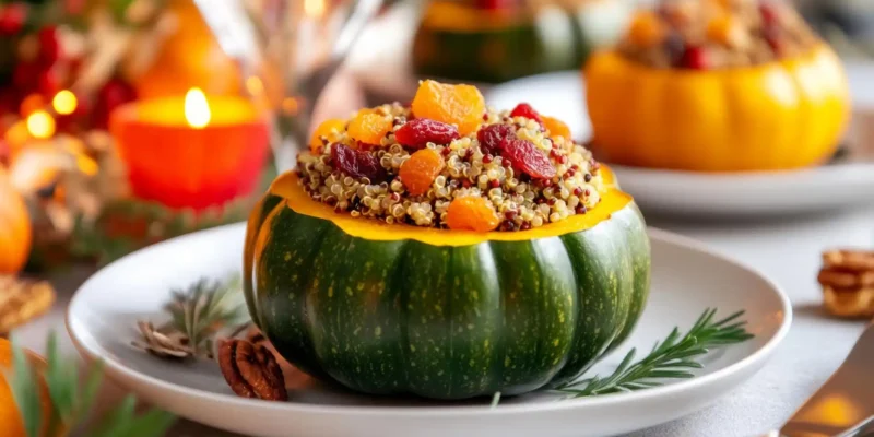 Ein festliches Close-up zeigt eine Portion vegetarisches Gericht, serviert in einem ausgehöhlten, dunkelgrünen Kürbis. Die Füllung besteht aus Quinoa oder einer ähnlichen Getreidemischung, die mit getrockneten Cranberrys und Aprikosenstücken angereichert ist. Der Teller ist mit Rosmarinzweigen und Pekannüssen garniert. Das Gericht symbolisiert eine kreative und herzhafte Idee für Crown Prince Kürbis Rezepte. Im verschwommenen Hintergrund sind warme Kerzenlichter und weitere Herbstdekorationen zu sehen.